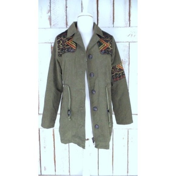 90s vintage army green tribal embroidered drawstring utility jacket - Picture 2 of 9